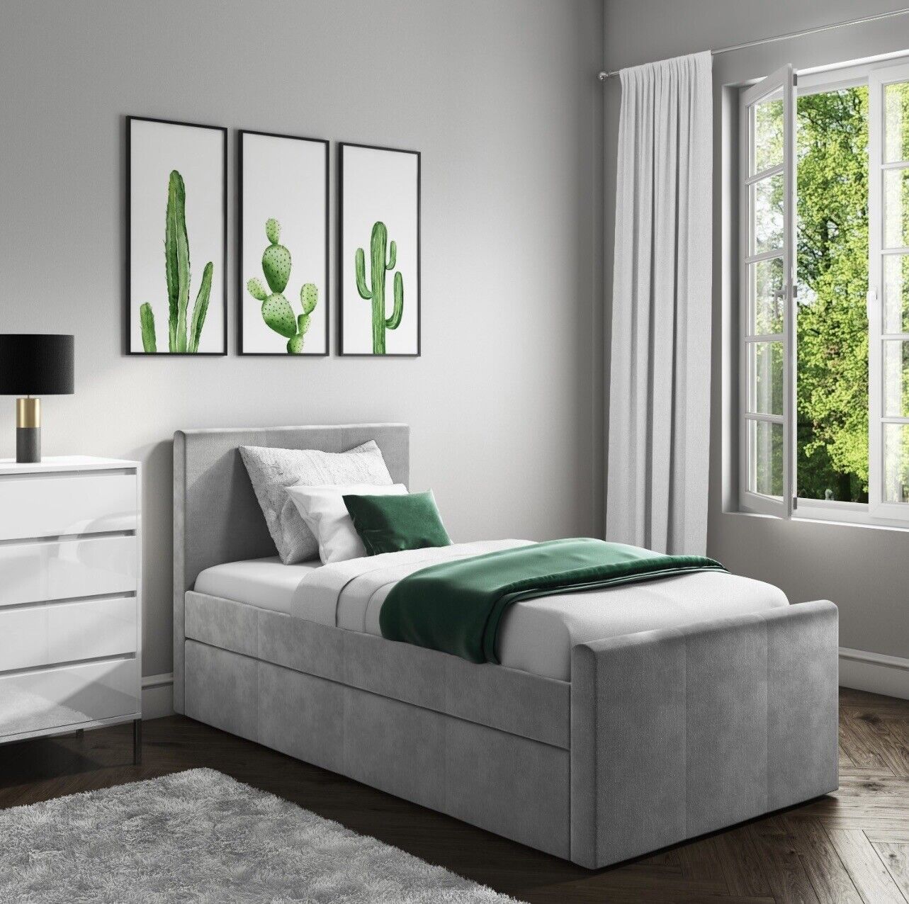 Grey Velvet Guest Bed Single with Pull Out Trundle