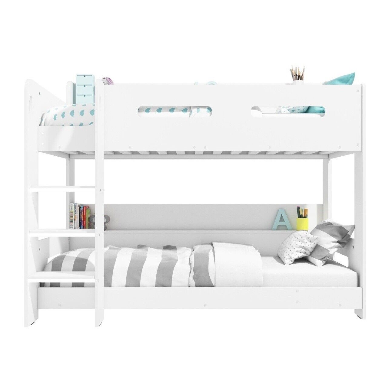 Kids White Bunk Bed with Shelving and Glowing Steps