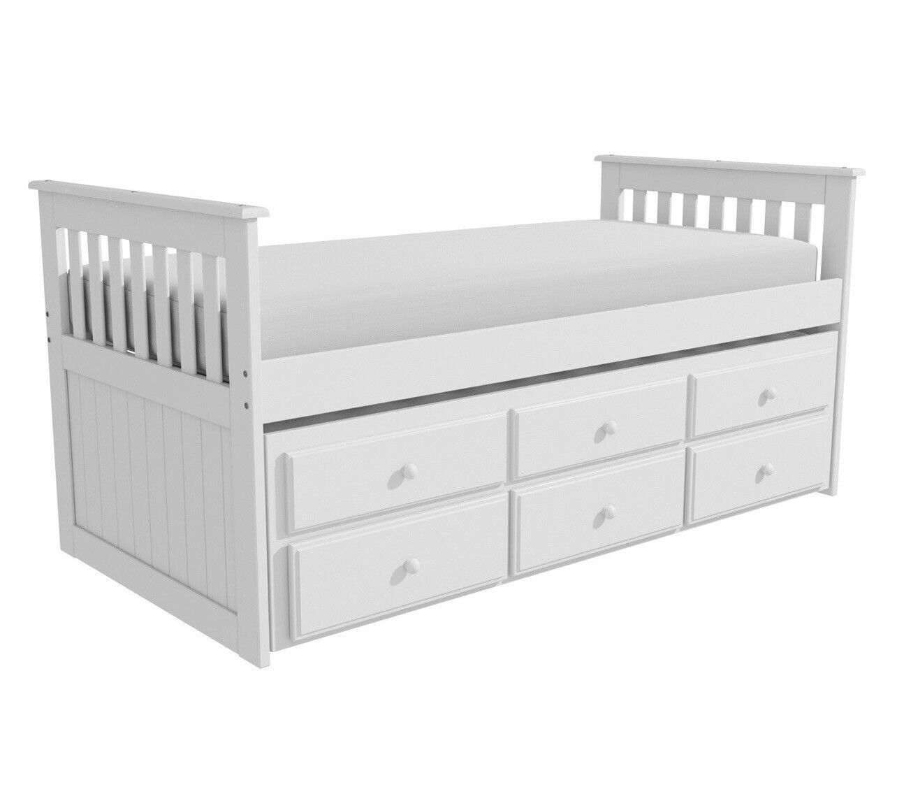 White Single Guest Bed Pull Out Trundle with Drawers