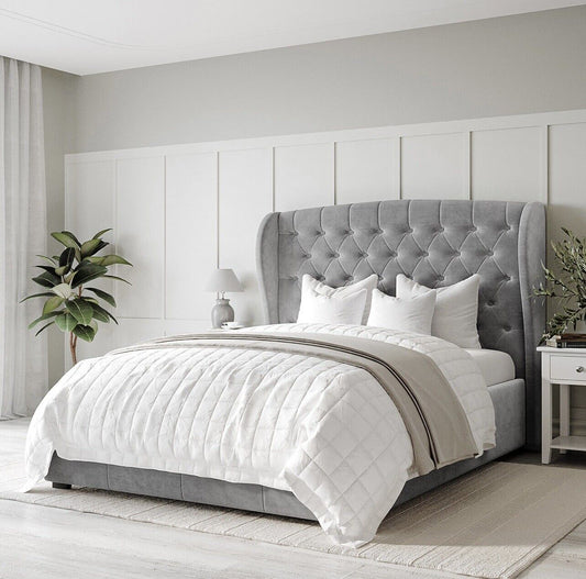 Grey Velvet Double Size Bed Frame Ottoman Storage Gas Lift