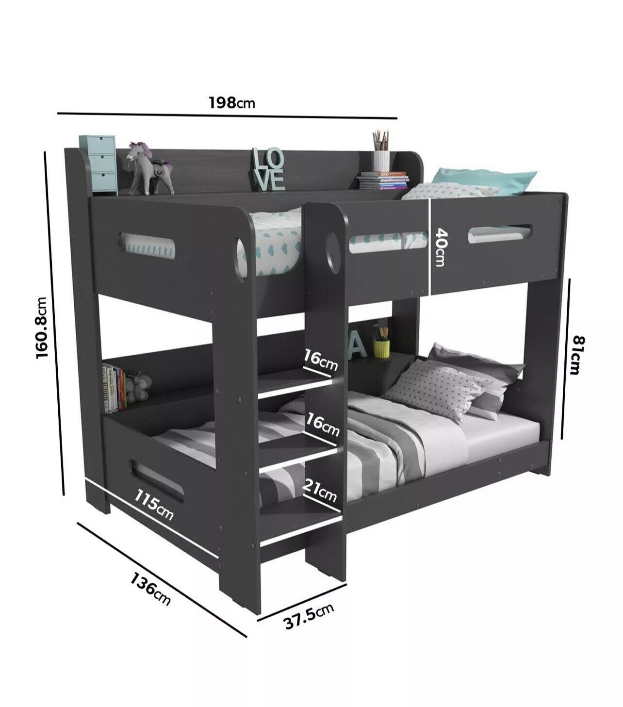 Kids Grey Bunk Bed with Shelving and Glowing Steps