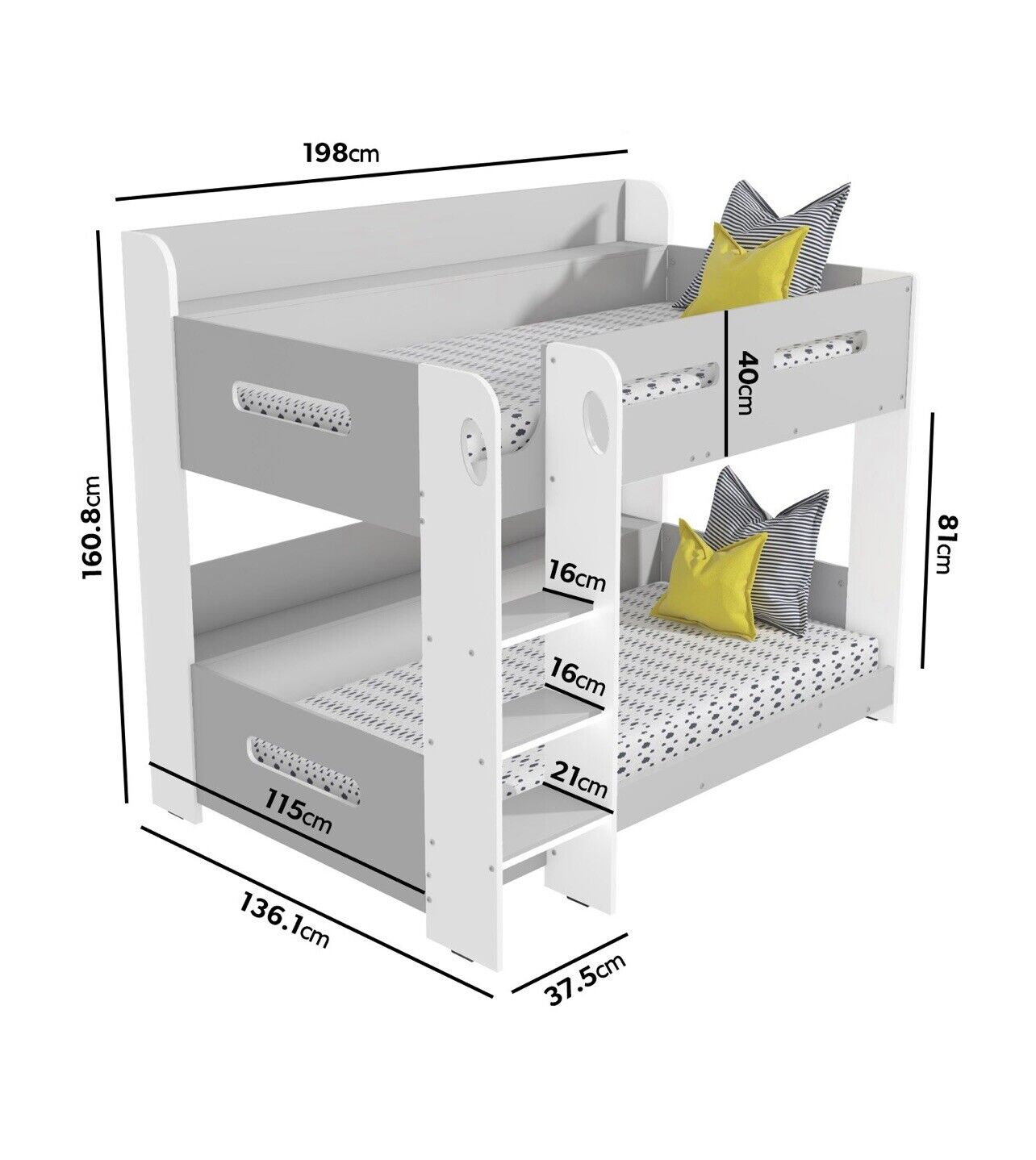Bunk Bed Girls Boys in Grey and White with Glowing Steps