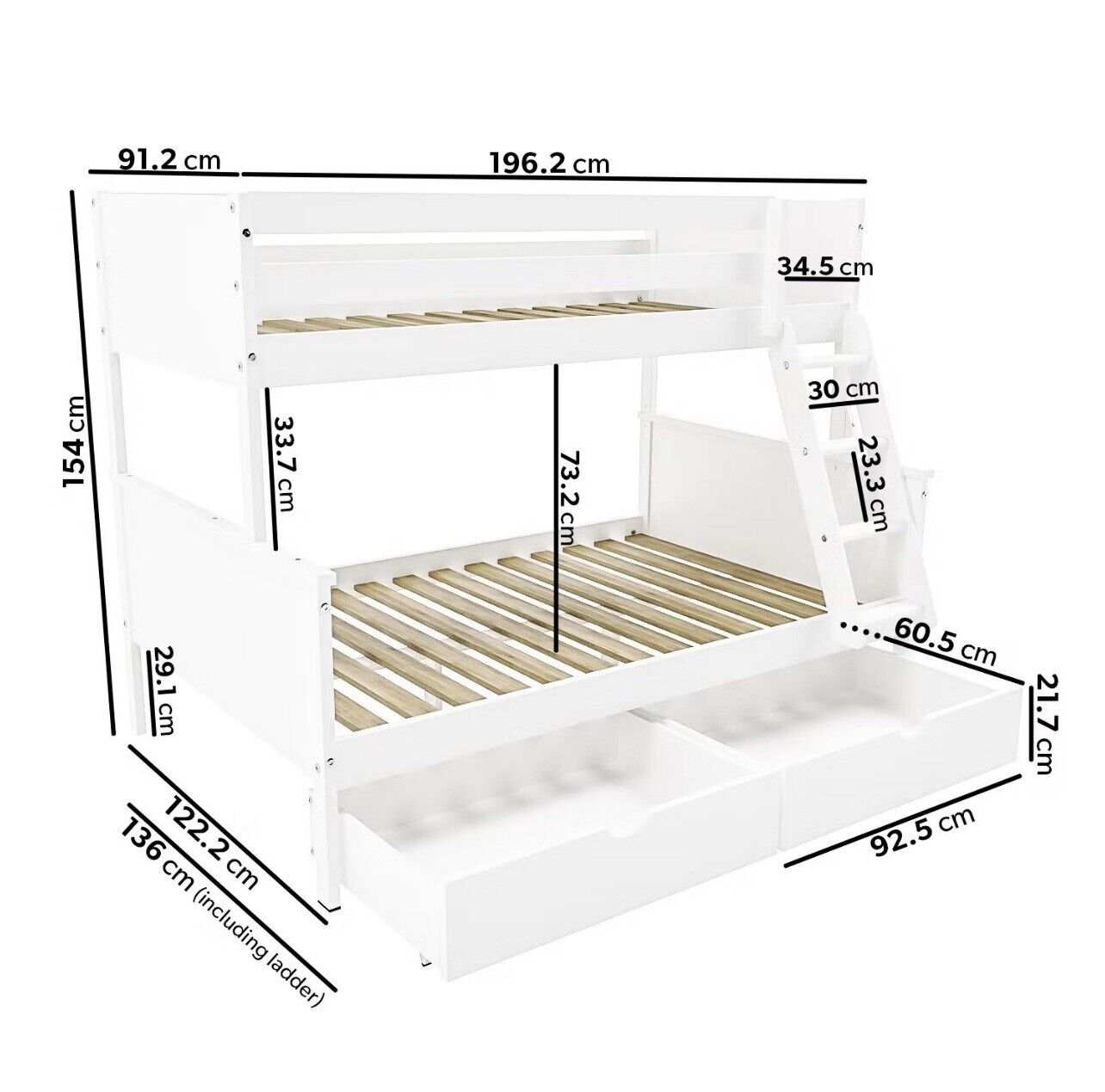 Kids White Bunk Bed Wooden Frame Sleeps 3 with Drawers