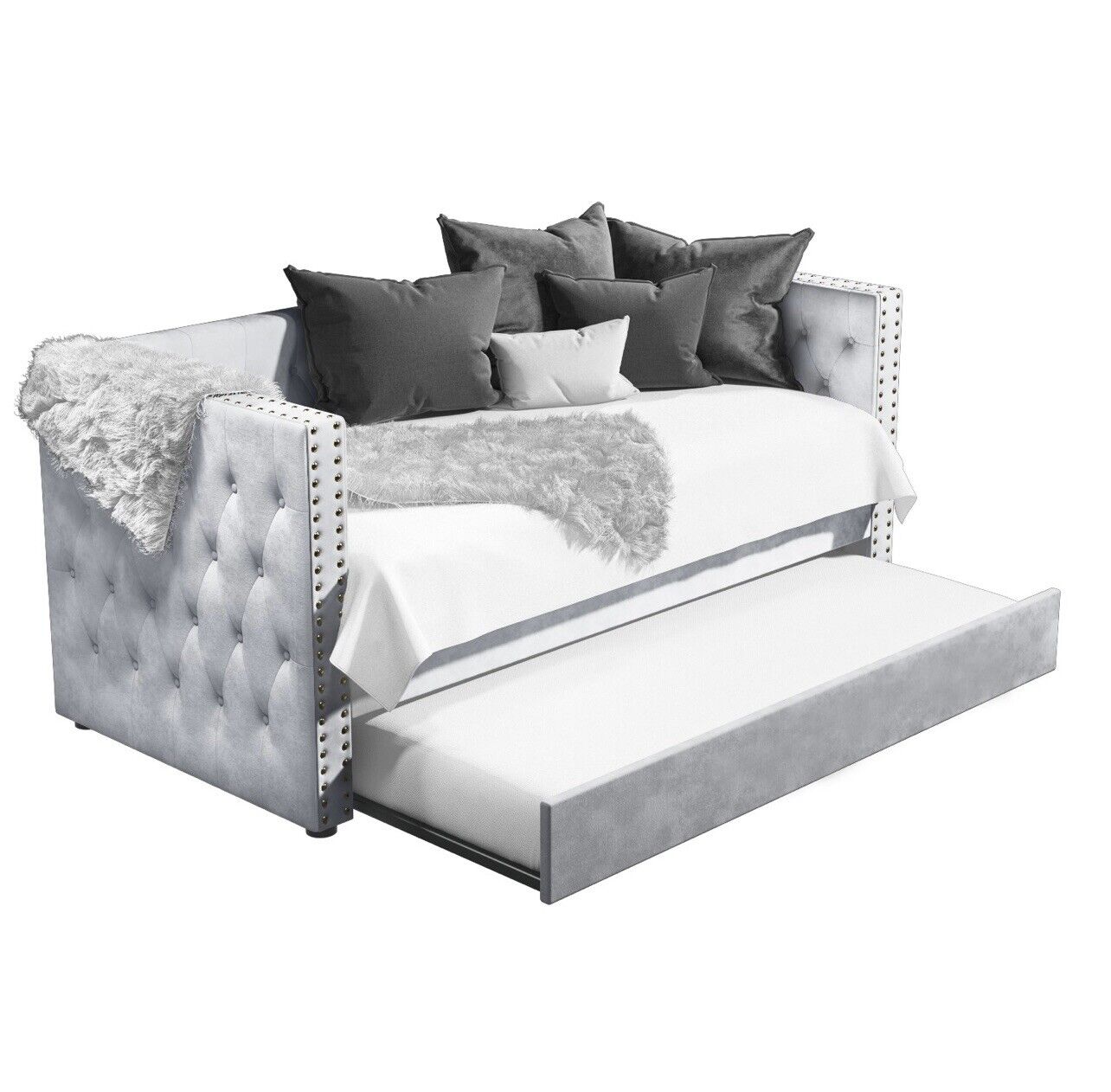 Grey Velvet Single Daybed Guest Room with Pull Out Trundle