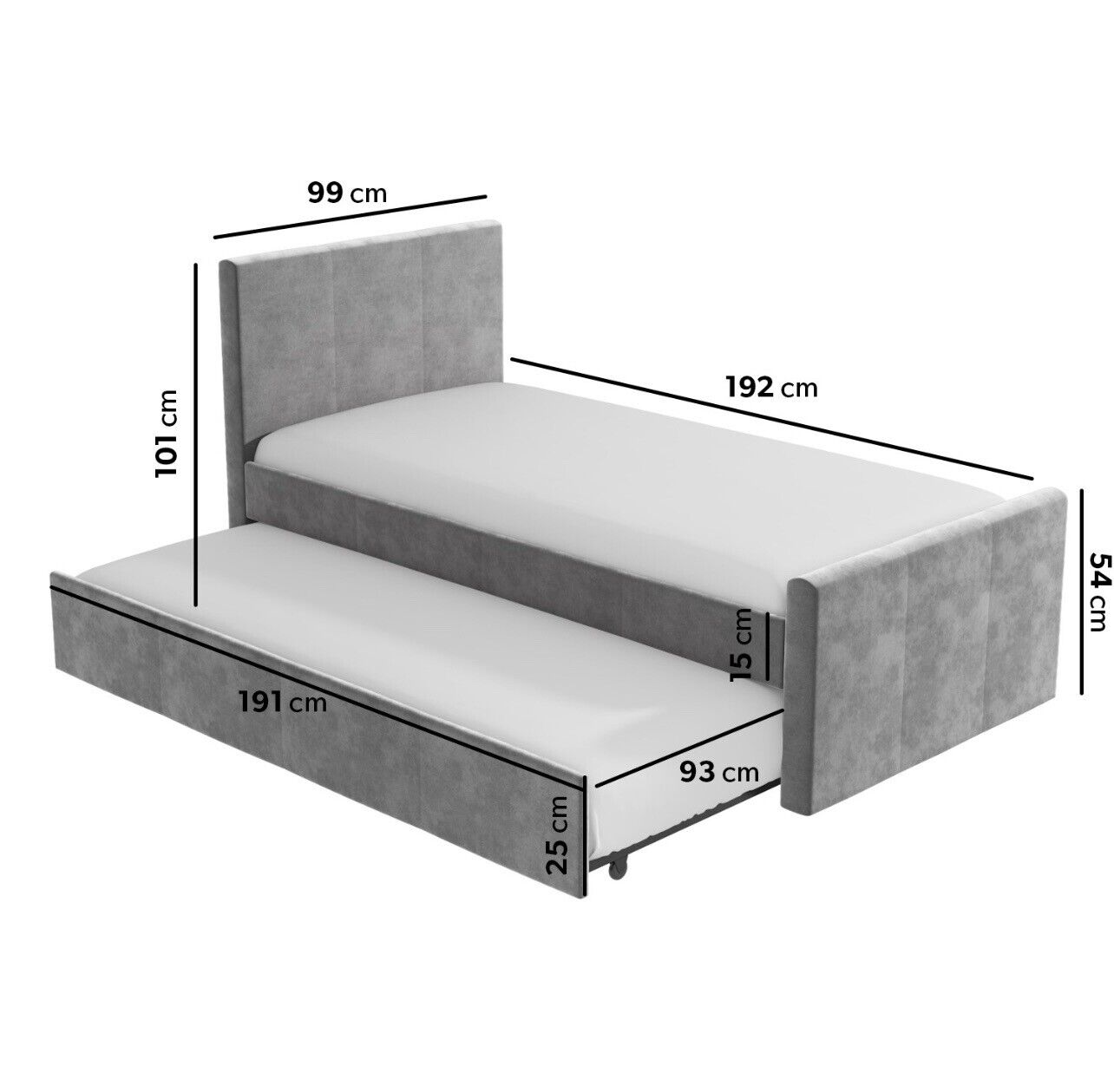 Grey Velvet Guest Bed Single with Pull Out Trundle
