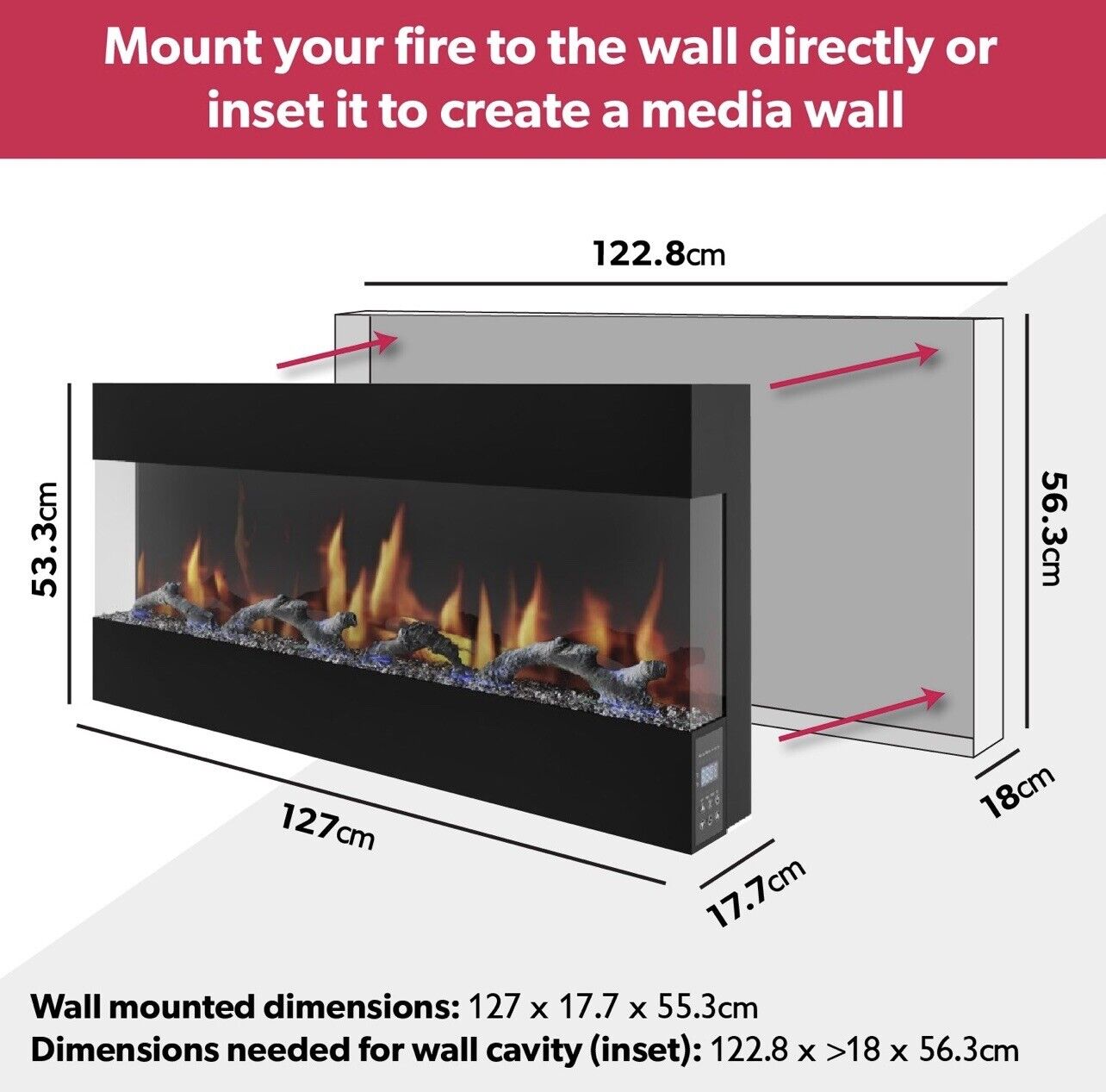 50 Inch Inset Electric Fire with LED Flame in Black