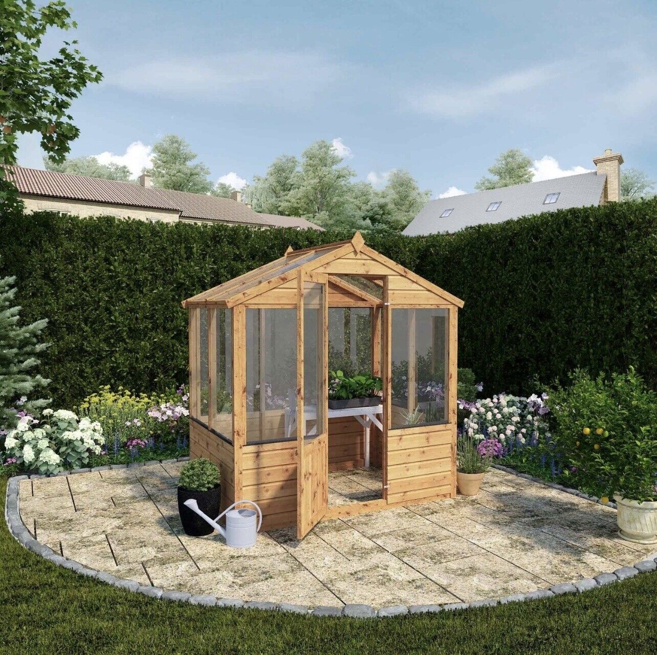 Brown Wooden Greenhouse with Opening Roof Vent and Climate Control