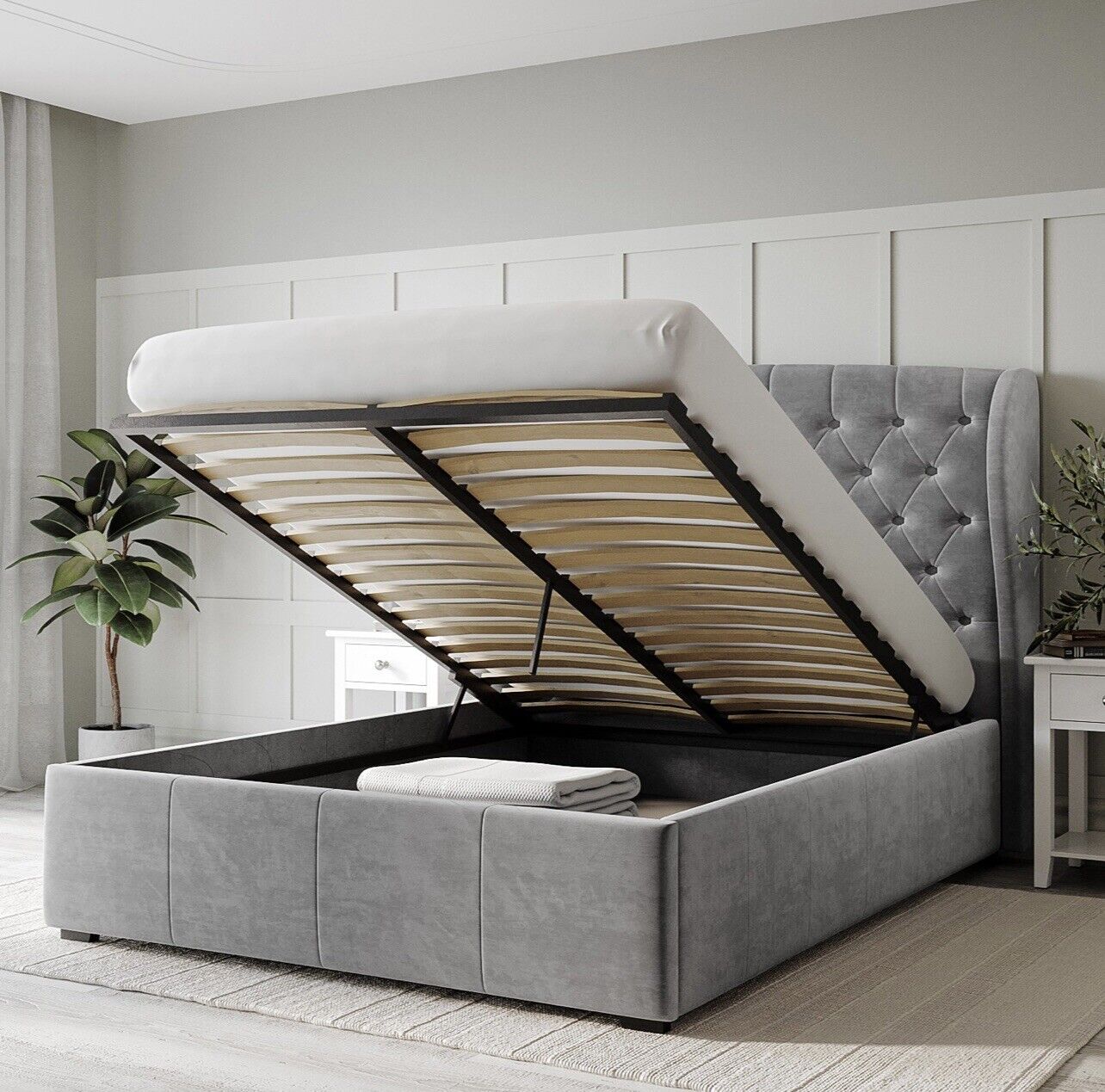 Grey Velvet King Size Bed Frame Ottoman Storage Gas Lift
