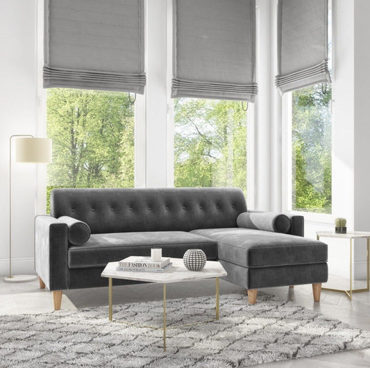 Velvet Corner Sofa Three Seater Couch with Bolster Cushions
