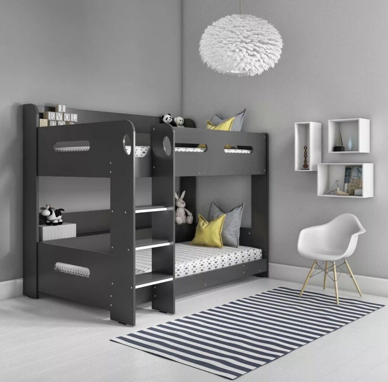 Kids Grey Bunk Bed with Shelving and Glowing Steps