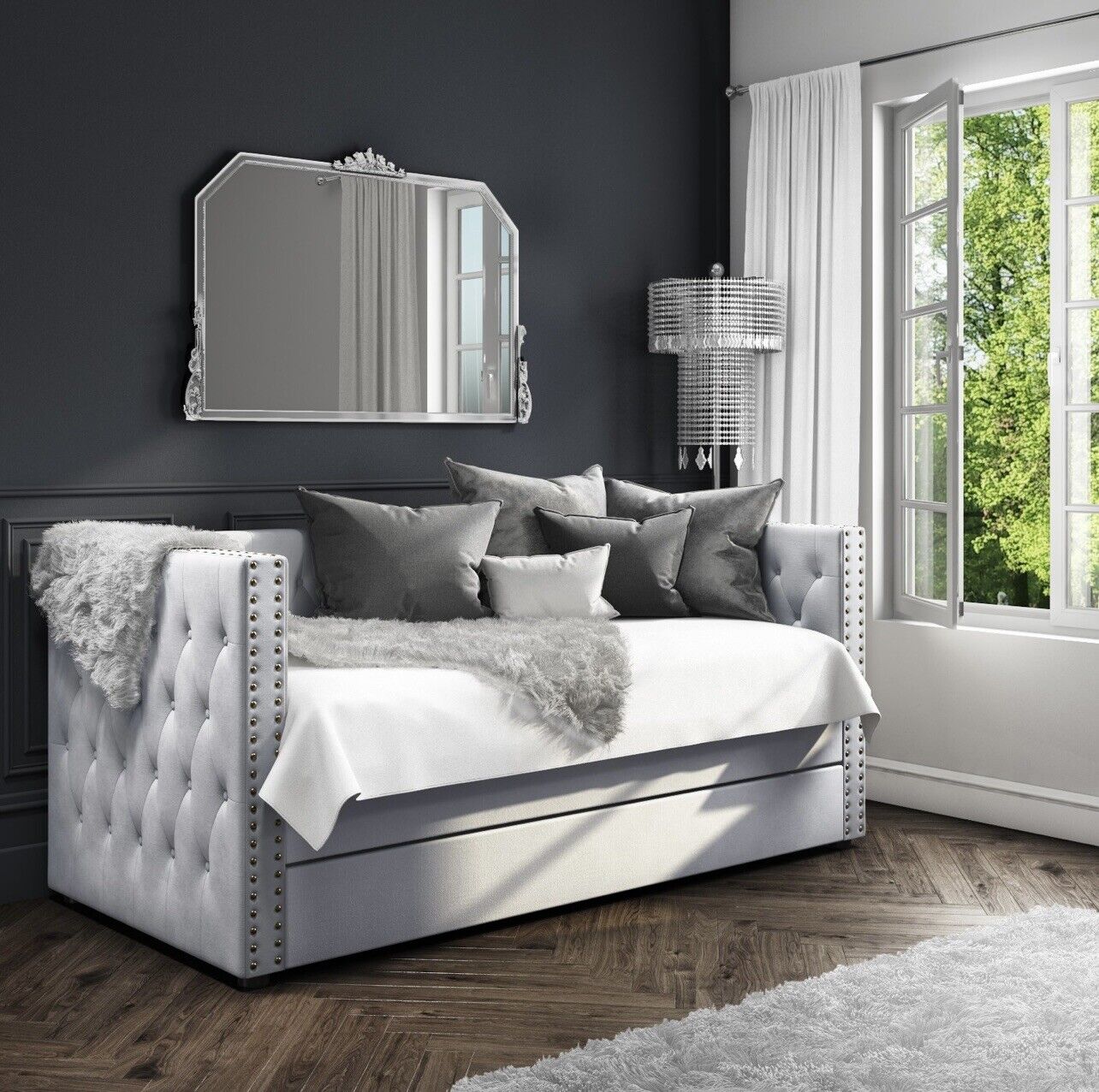 Grey Velvet Single Daybed Guest Room with Pull Out Trundle