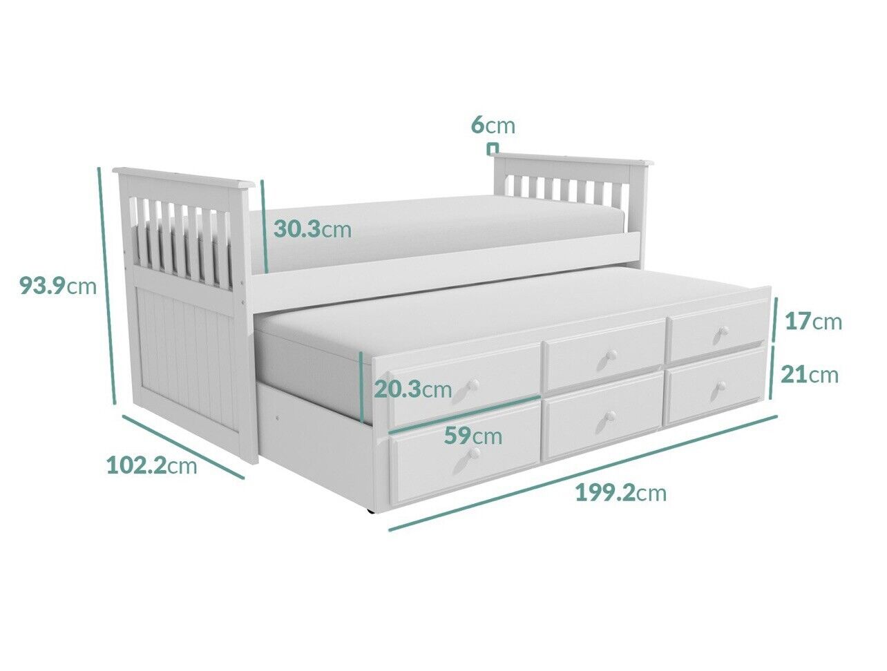 White Single Guest Bed Pull Out Trundle with Drawers