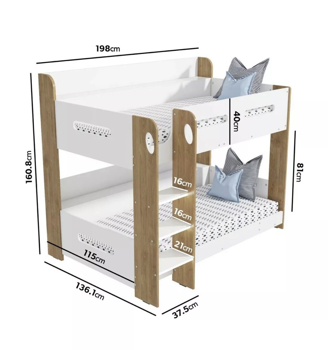 Kids White Bunk Bed Girls Boys with Shelves and Glowing Steps