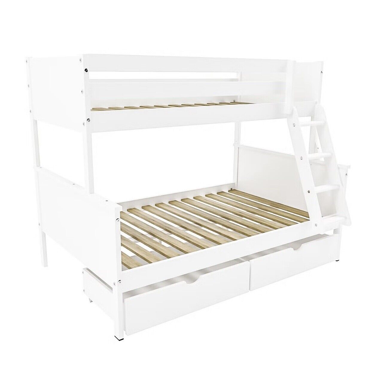Kids White Bunk Bed Wooden Frame Sleeps 3 with Drawers