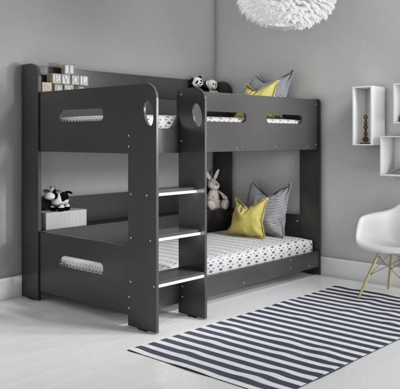 Kids Grey Bunk Bed with Shelving and Glowing Steps
