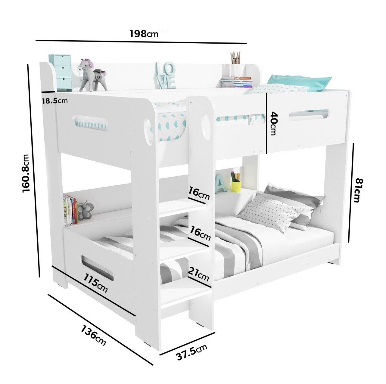 Kids White Bunk Bed with Shelving and Glowing Steps