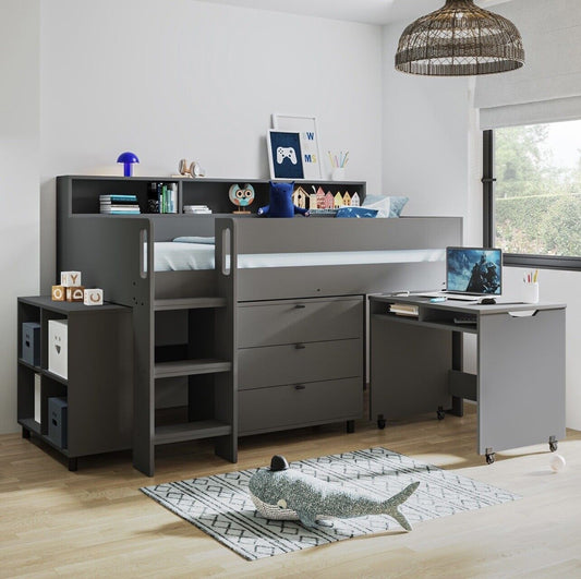 Kids Cabin Bed Mid Sleeper Frame Single with Storage Drawers and Desk