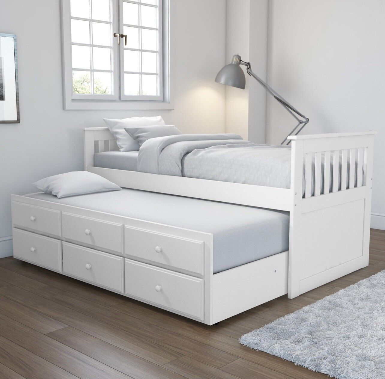 White Single Guest Bed Pull Out Trundle with Drawers