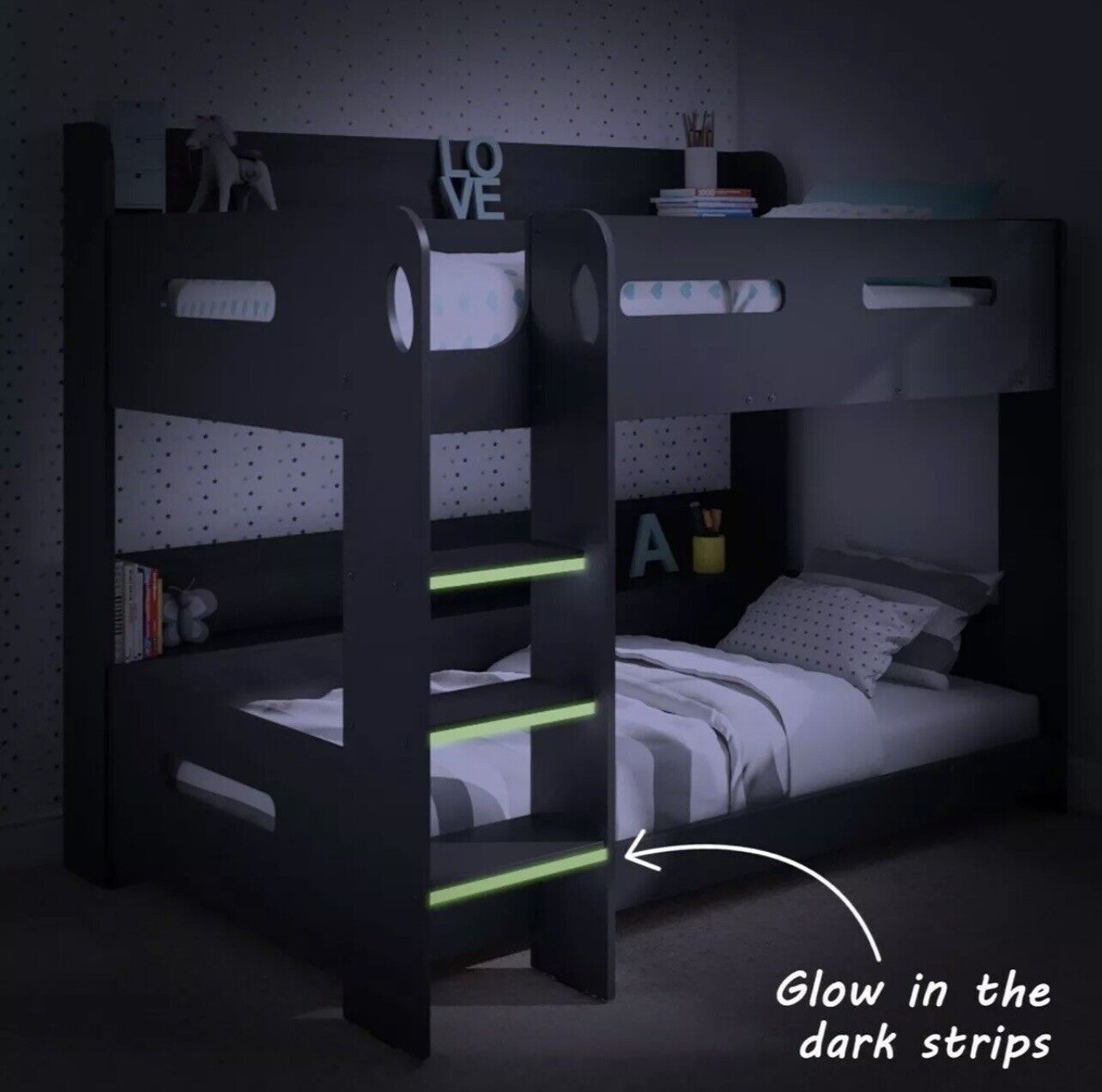 Kids Grey Bunk Bed with Shelving and Glowing Steps