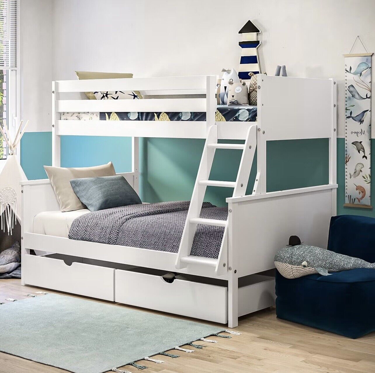 Kids White Bunk Bed Wooden Frame Sleeps 3 with Drawers