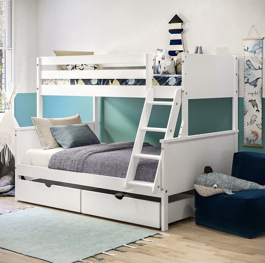 Kids White Bunk Bed Wooden Frame Sleeps 3 with Drawers