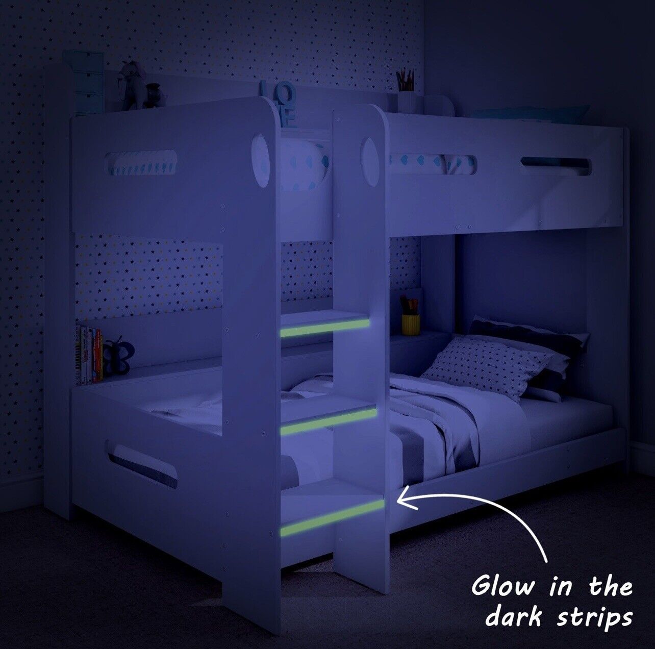 Bunk Bed Girls Boys in Grey and White with Glowing Steps
