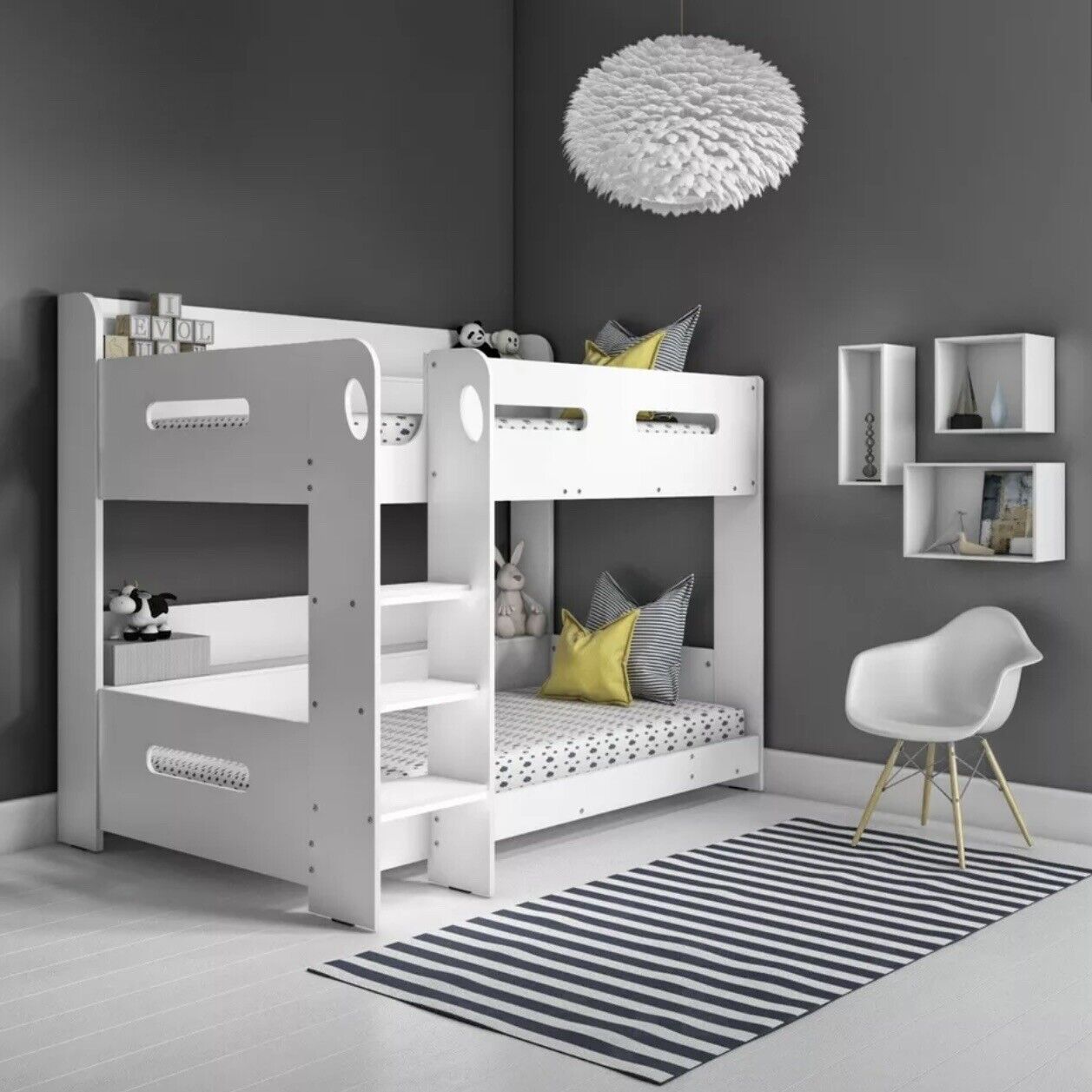 Kids White Bunk Bed with Shelving and Glowing Steps
