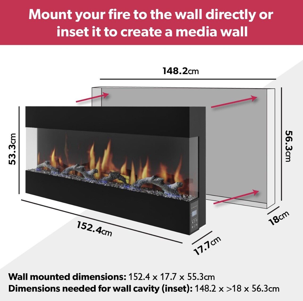 Black 60 Inch Electric Fire Inset with LED Flame Effect