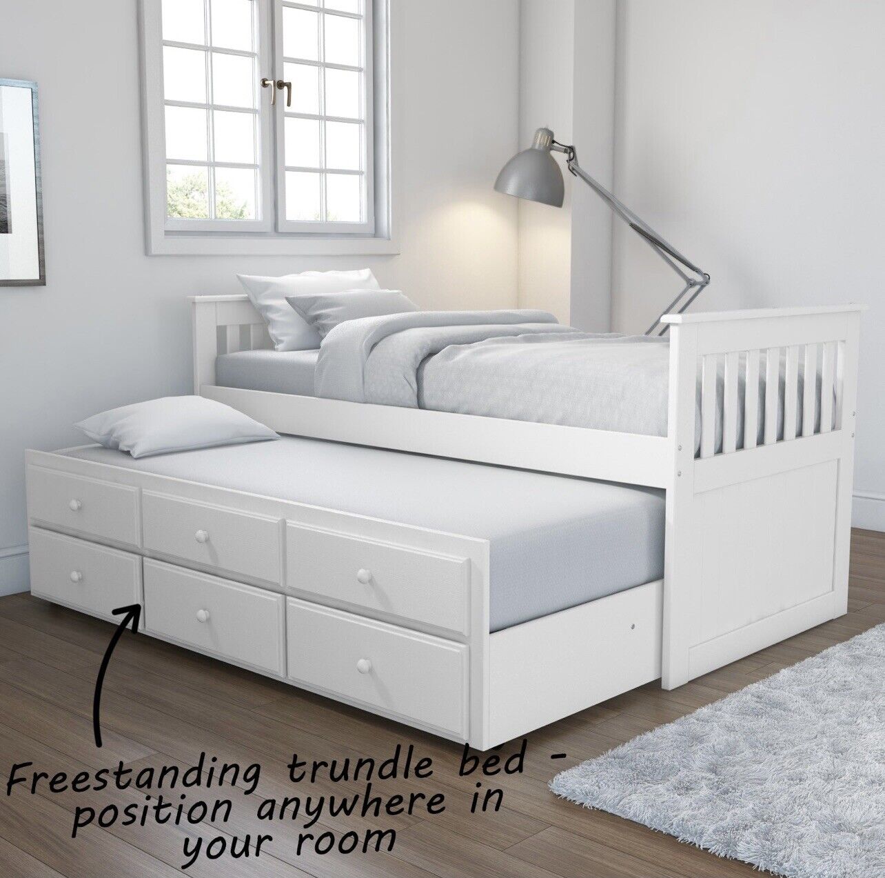 White Single Guest Bed Pull Out Trundle with Drawers