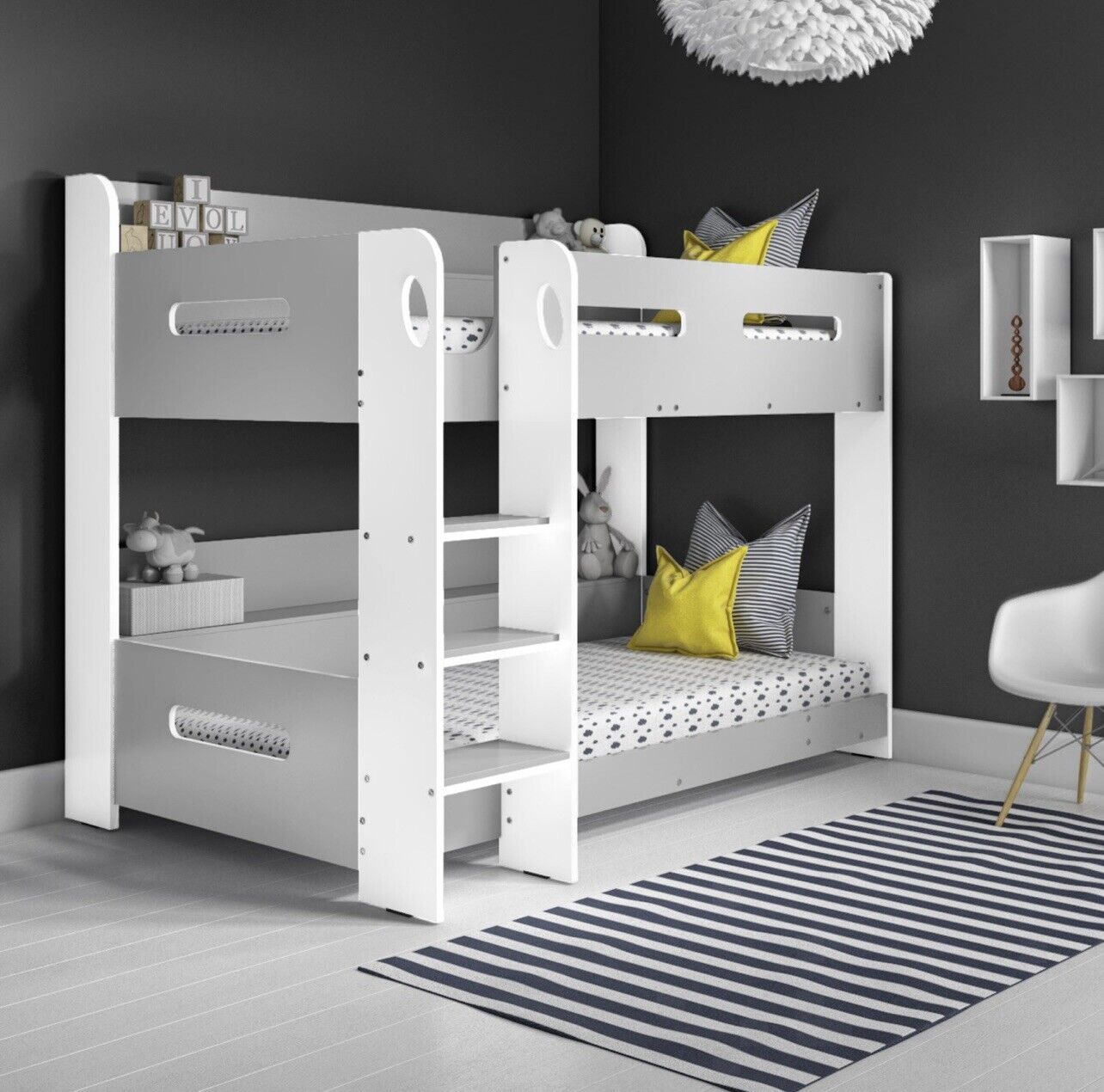 Bunk Bed Girls Boys in Grey and White with Glowing Steps