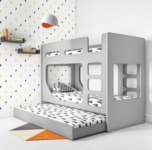 Kids Bunk Bed Wooden Frame Single Sleeper with Pull Out Trundle