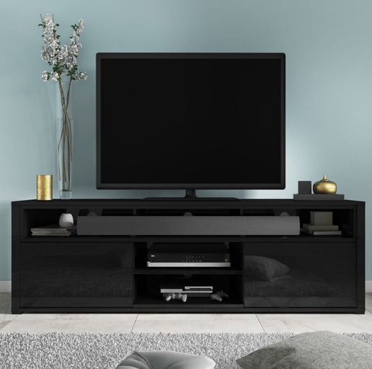 Black TV Unit Stand with Adjustable Shelf and Storage