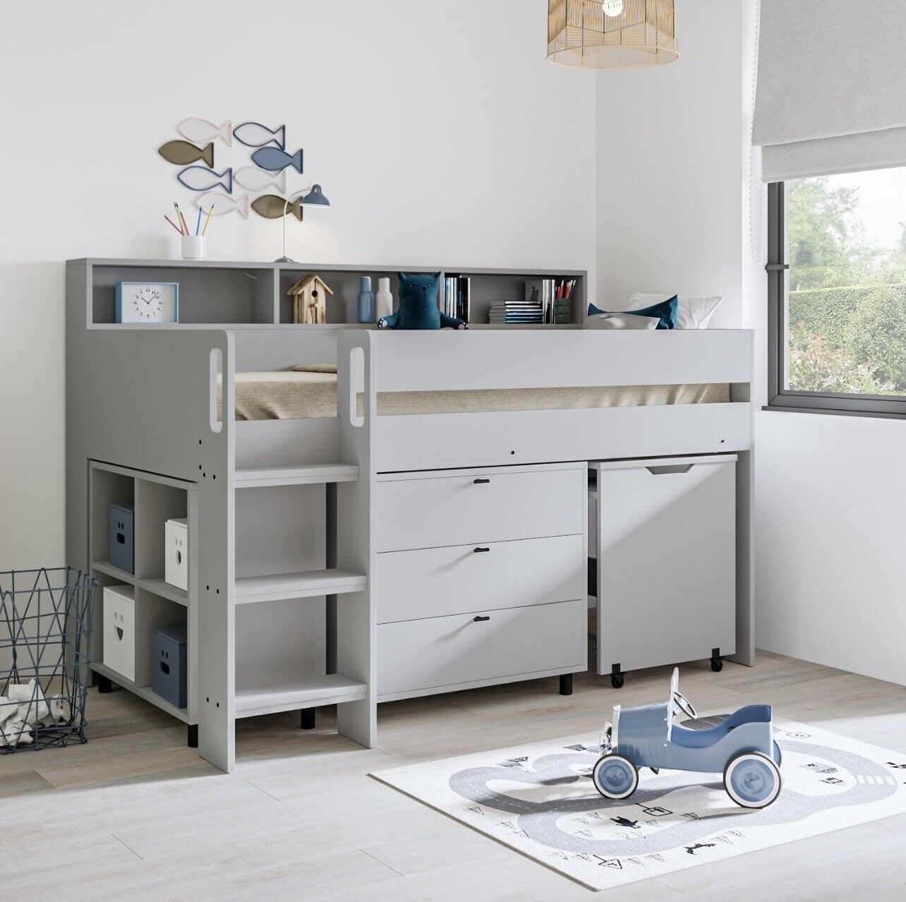 Kids Cabin Bed Mid Sleeper Frame Single with Storage Drawers and Desk