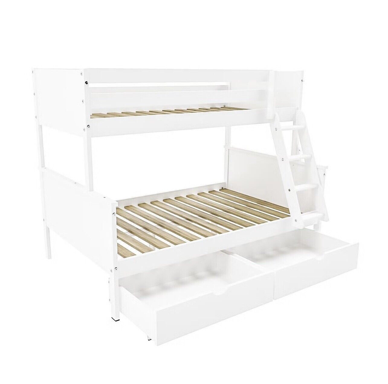 Kids White Bunk Bed Wooden Frame Sleeps 3 with Drawers