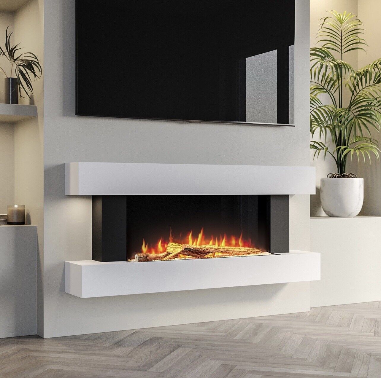 White Electric Fire Wall Mounted with LED Flame and Remote Control