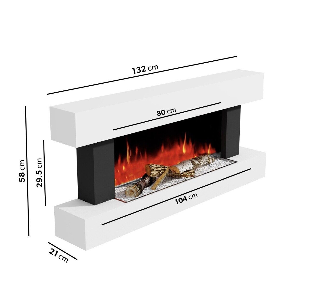 White Electric Fire Wall Mounted with LED Flame and Remote Control