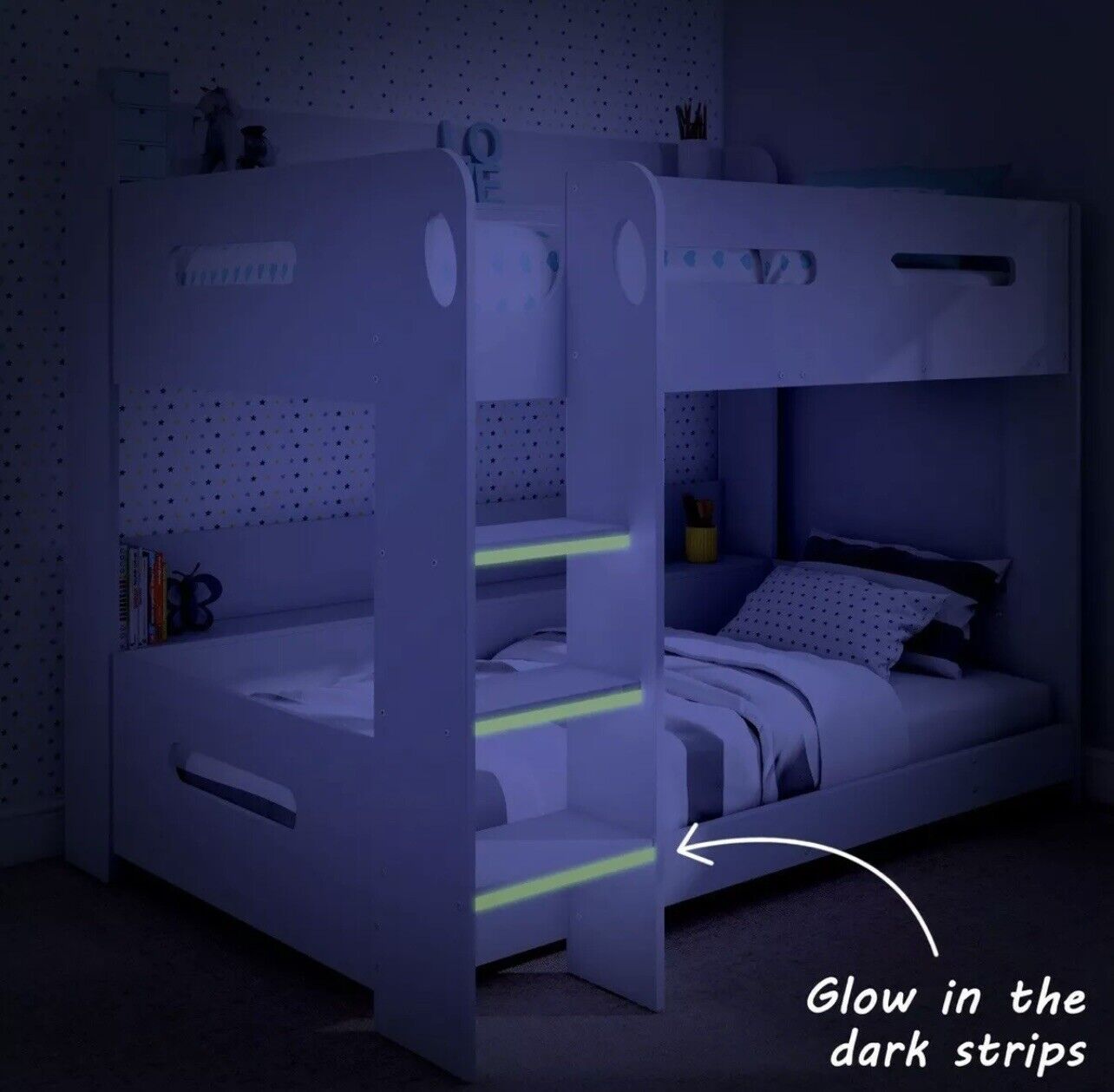 Kids White Bunk Bed Girls Boys with Shelves and Glowing Steps