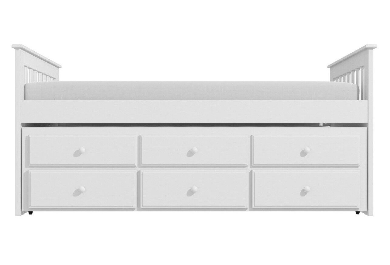 White Single Guest Bed Pull Out Trundle with Drawers