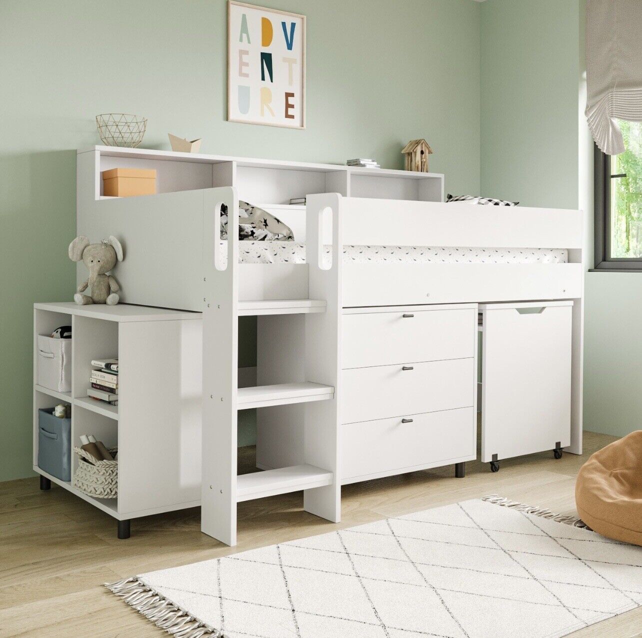 Kids Cabin Bed Mid Sleeper Frame Single with Storage Drawers and Desk