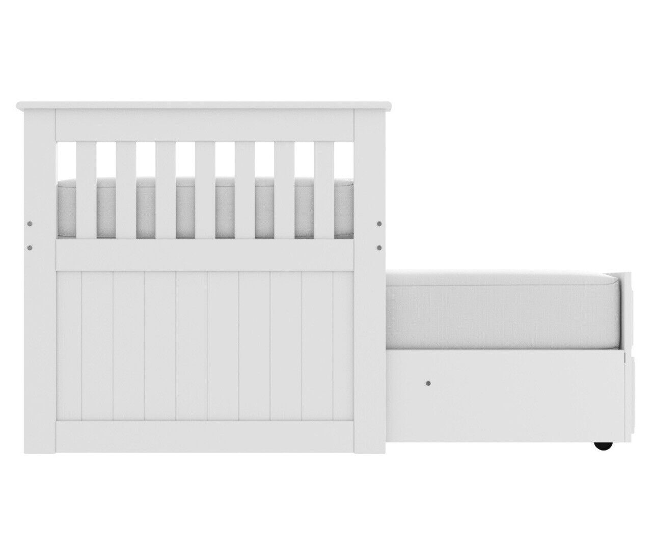 White Single Guest Bed Pull Out Trundle with Drawers