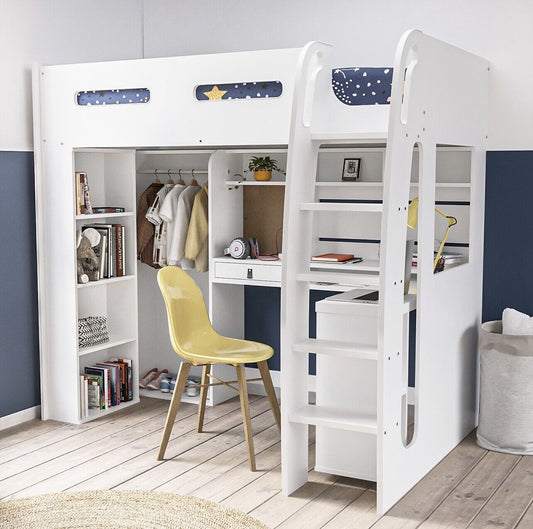 Kids White High Sleeper Bed Frame Single with Desk and Clothes Rail